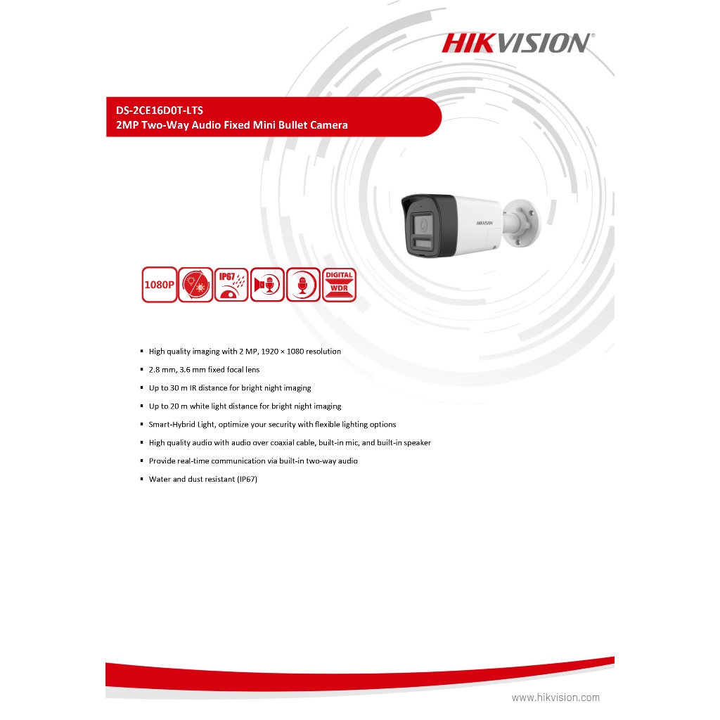 HIKVISION DS-2CE16D0T-LTS (รุ่นใหม่) 2.8 mm. กล้องวงจรปิดระบบ HD 2 MP Smart Hybrid Light มีไมค์และลำโพงในตัว