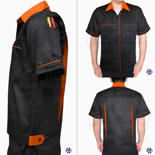 เสื้อช่างช็อป แขนสั้น พื้นดำ-กุ้นสี ผ้าคอมทวิว ทรงมาตราฐาน เนื้อดีคงทน