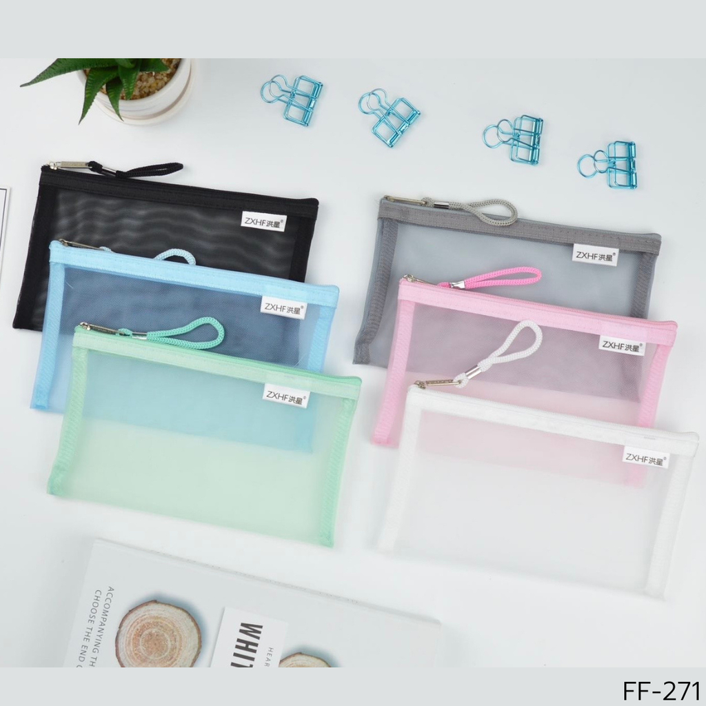 FF-271 กระเป๋าดินสอตาข่าย สีพื้น สำหรับใส่ปากกา ดินสอ เครื่องเขียน มี5สีให้เลือก