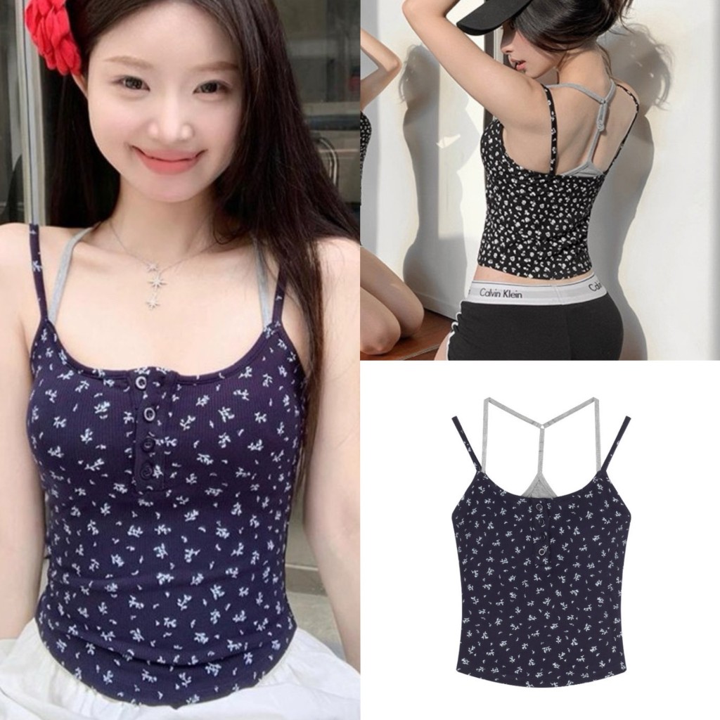 𝐒𝐏𝐍𝐃 【พร้อมส่ง】 เสื้อครอปเสริมฟองน้ำ สายเดี่ยว+สายคล้องคอ โชว์หลัง Cute Cute 2024Lady Women