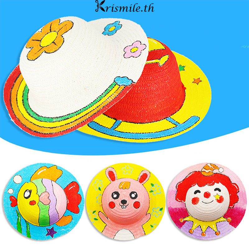 COD-ในไทย💖หมวก เด็กจิตรกรรม DIY ความคิดสร้างสรรค์ ที่มีสีสัน ว่างเปล่าหมวกฟาง เด็กนักเรียนKri