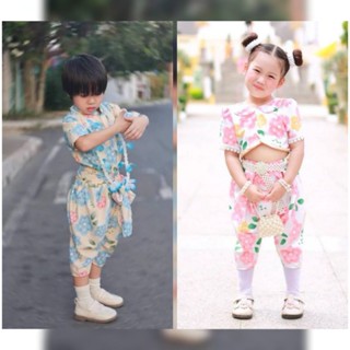ชุดไทยลายดอกเด็กผู้ชายฟ้า ผู้หญิงชมพู พร้อมส่งของเด็ก