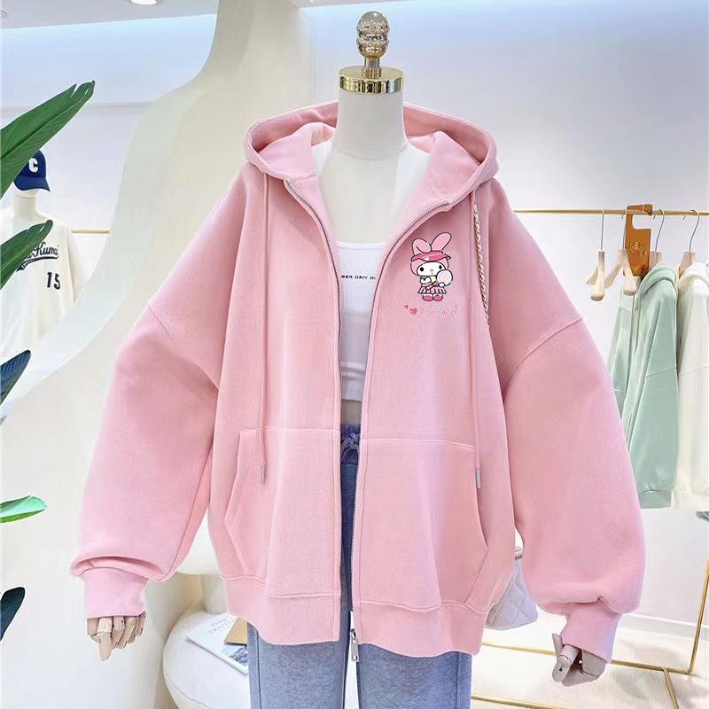 #1570 เกาหลี ล่าสุด แฟชั่นหลวม แจ็คเก็ตซิป สีชมพู หมวก เสื้อกันหนาว