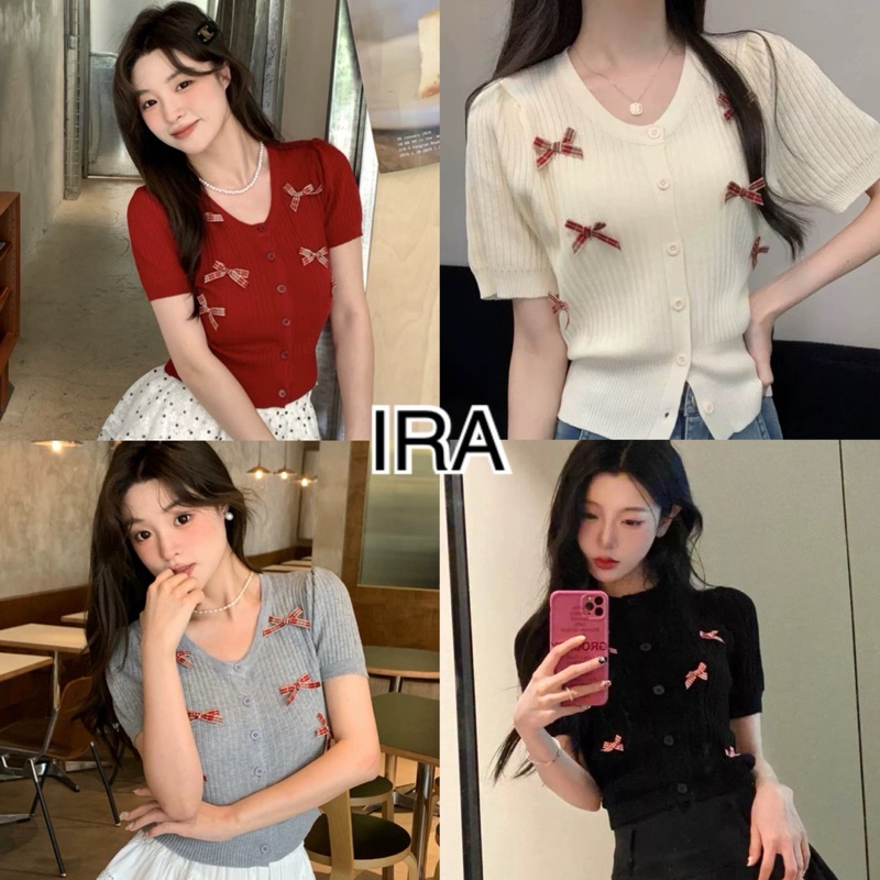 BY IRA(006) พร้อมส่ง เสื้อไหมพรมแขนสั้น คอวี ผ้าร่อง ดีเทลติดโบว์ สีสดใส