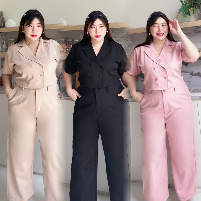 [ สาวอวบ ] เซ็ตสูทแขนสั้น กางเกงขายาวผ้าเปเป้ lanastoreplussize