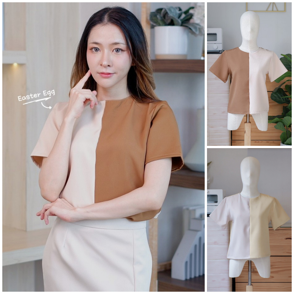 C14 เสื้อทำงานผู้หญิง คอกลม เสื้อยืด แฟชั่น แต่งลายทูโทน สไตล์มินิมอล Easter Egg