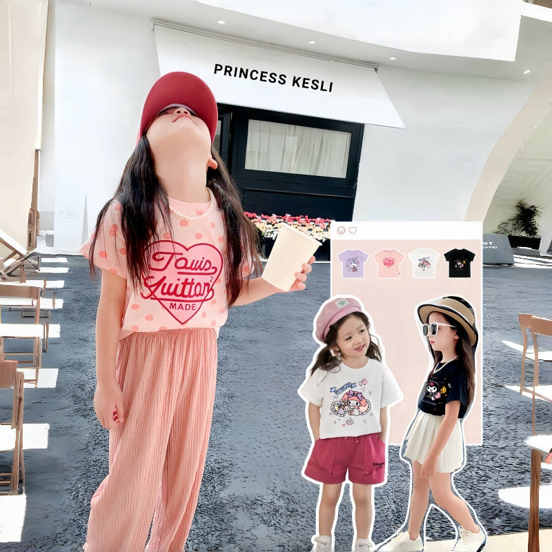 Lucky Rainbow เสื้อยืดเด็กผู้หญิงแขนตุ๊กตาปักลายหมี ผ้าฝ้าย นิ่ม เสื้อแฟชั่นเด็กผู้หญิง เสื้อยืดน่ารัก 1-12 ปี