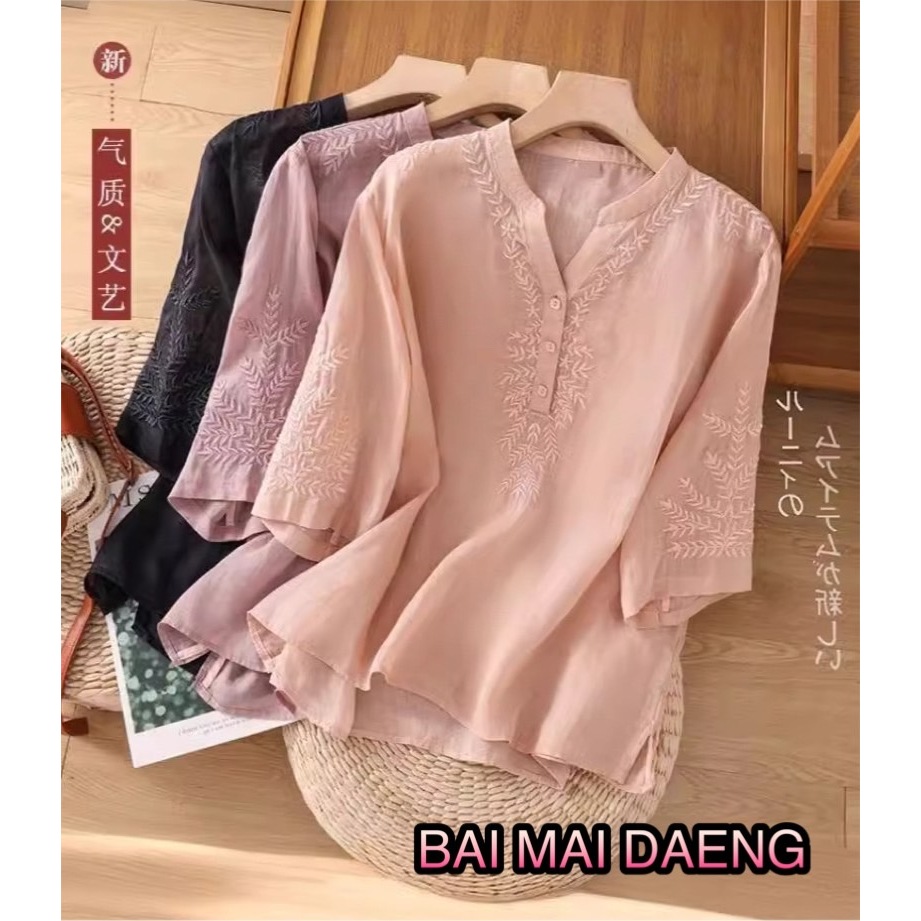 BMD0F1 เสื้อผ้าฝ้ายผสมลินินญี่ปุ่น เสื้อยาวปิดสะโพก แขนสามส่วน คอจีนวี อกฟรีไฃส์30''-44'' แบบสวม งาน