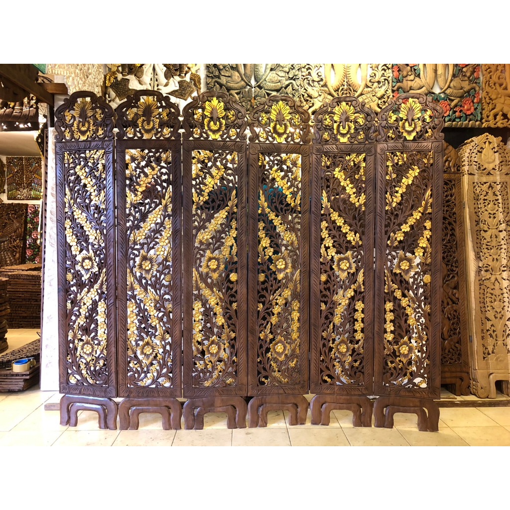 (ขนาดใหญ่) ฉากไม้สัก สูง 180 ซม. รูปช้างแกะสลัก ประตูไม้สัก กว้างยืดสุด 210 ซม. 6 พับ ฉลุ 2 ด้าน Wooden Carved Elephant - รูปที่ 5