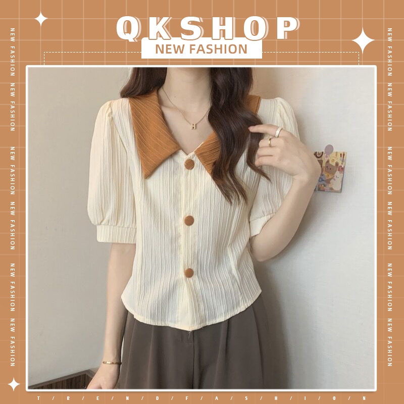 QKshop  เข้าใหม่ เสื้อผ้าแฟชั่น เอาใจสาวๆสายหวายด้วยเสื้อกระดุมคอปก ดีเทลดีกระดุมเม็ดใหญ่ คอปกบิ๊กไซซ์ ปลายแขนจั๊ม สาวๆ