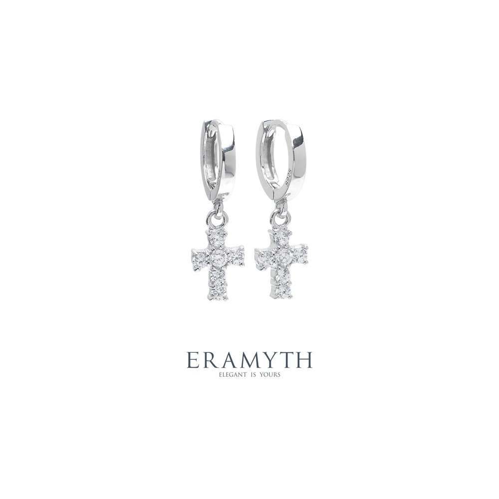 Eramythy Jewelry: ต่างหูห่วง ห้อยกางเขน ฝังด้วยเพชรสวิส (Silver 925) ห่วงขนาดวงนอก 11mm (พร้อมส่ง) SH-0236-R01