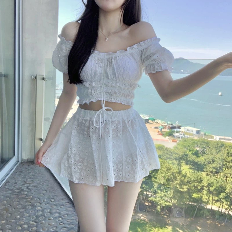 ชุดว่ายน้ำผู้หญิง ทูพีช กระโปรง เอวสูง เกาะอก ผ้าแห้งเร็ว thumbnail 3