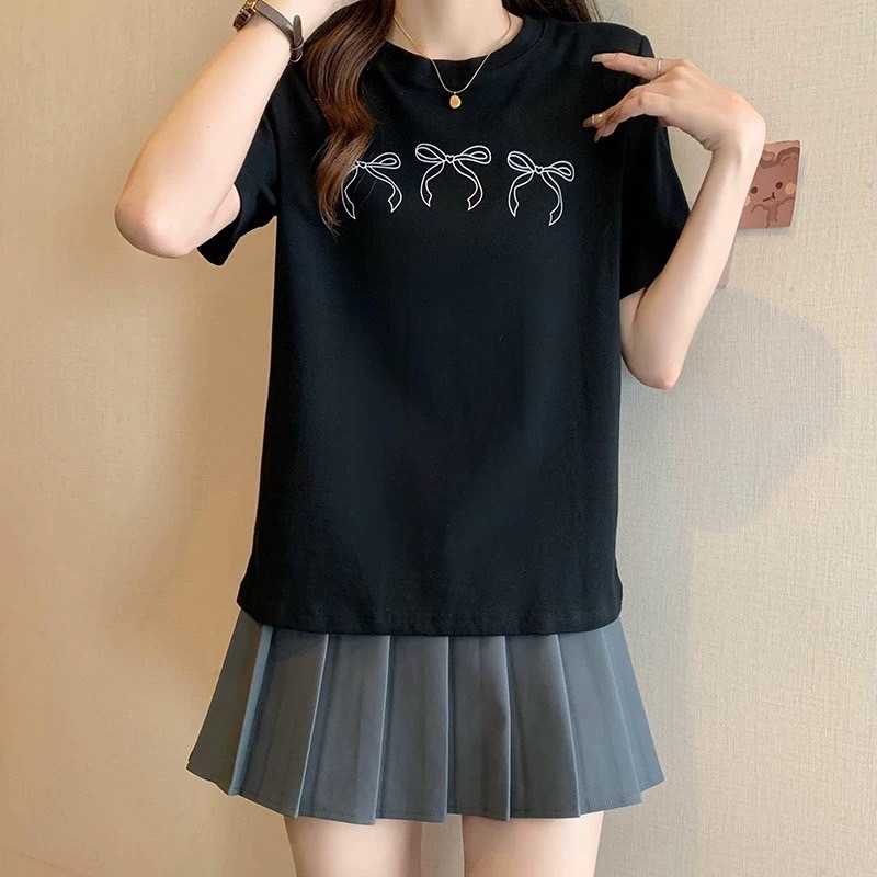 MKL เสื้อยืดแขนสั้น เสื้อยืดลายพิมพ์โบว์สีขาว เแฟชั่นสไตล์เกาหลี มี6สีให้เลือก #9675