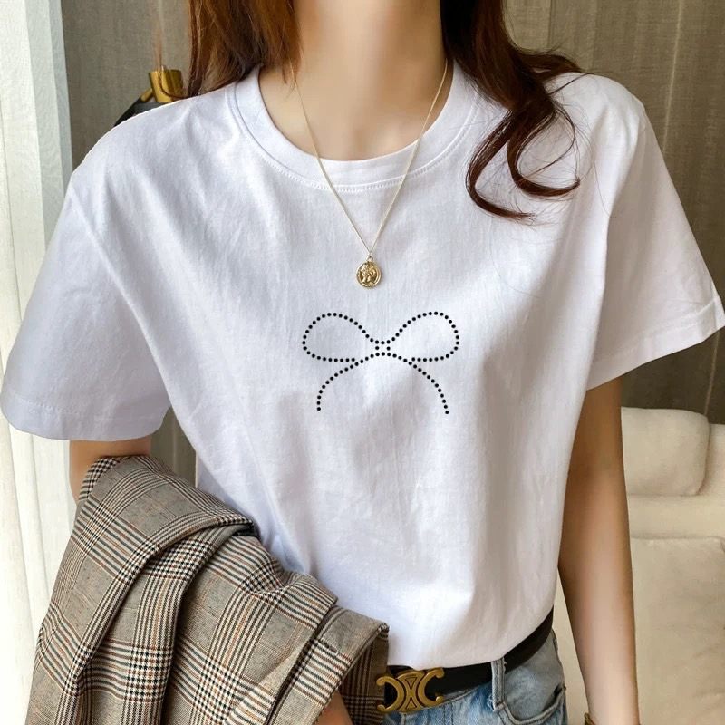 🎀MKL🎀เสื้อยืดแขนสั้น  เสื้อยืดลายพิมพ์โบว์จุดสีดำ เแฟชั่นสไตล์เกาหลี มี6สีให้เลือก🎀 #9676