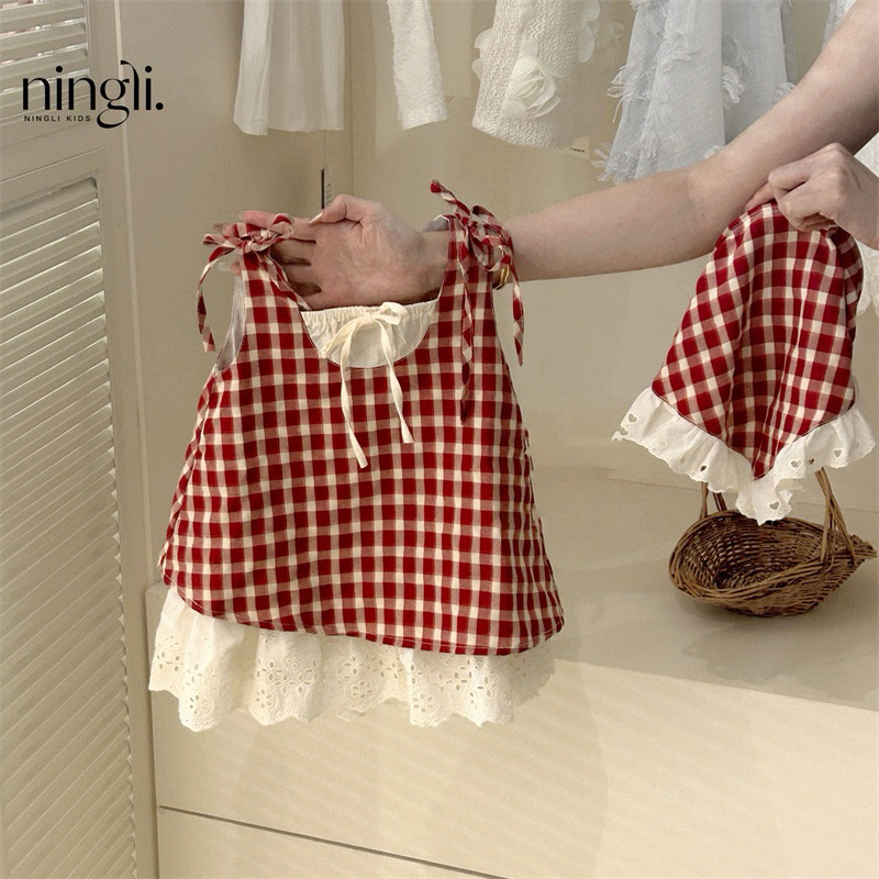 พร้อมส่ง (มีส่งด่วน) ชุดเด็ก เดรสสก๊อตแดง ลูกคุณหนูมาก