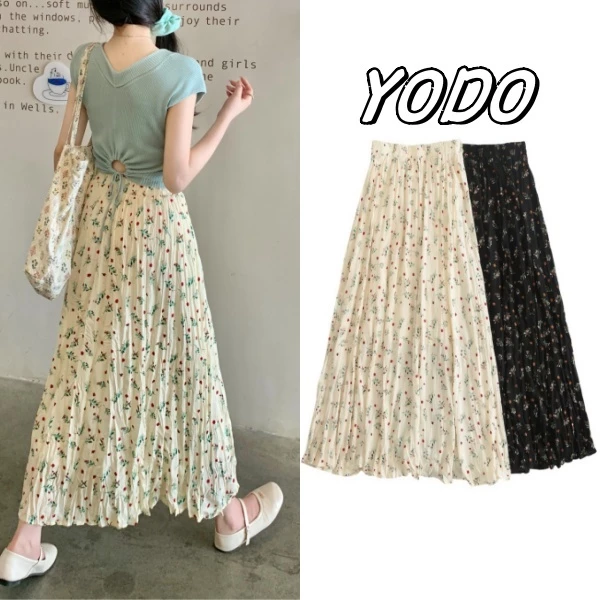YODO 2029 กระโปรงลายดอกไม้ สีเบจ ดำ สไตล์เกาหลีลายดอกไม้ เอวยางยืดหยุ่น มีซับใน พลีททรงเอ
