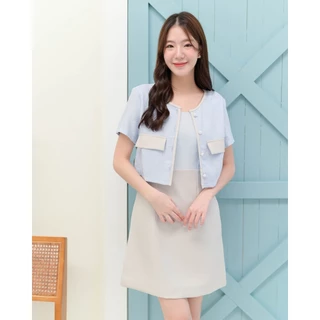 (XS-3XL) Zuzee dress - ชุดเดรสทำงาน ชุดทำงานผู้หญิง เดรสทูโทน ตัดต่อผ้าทวีดสวยหรูดูแพง - CRAYONBRAND