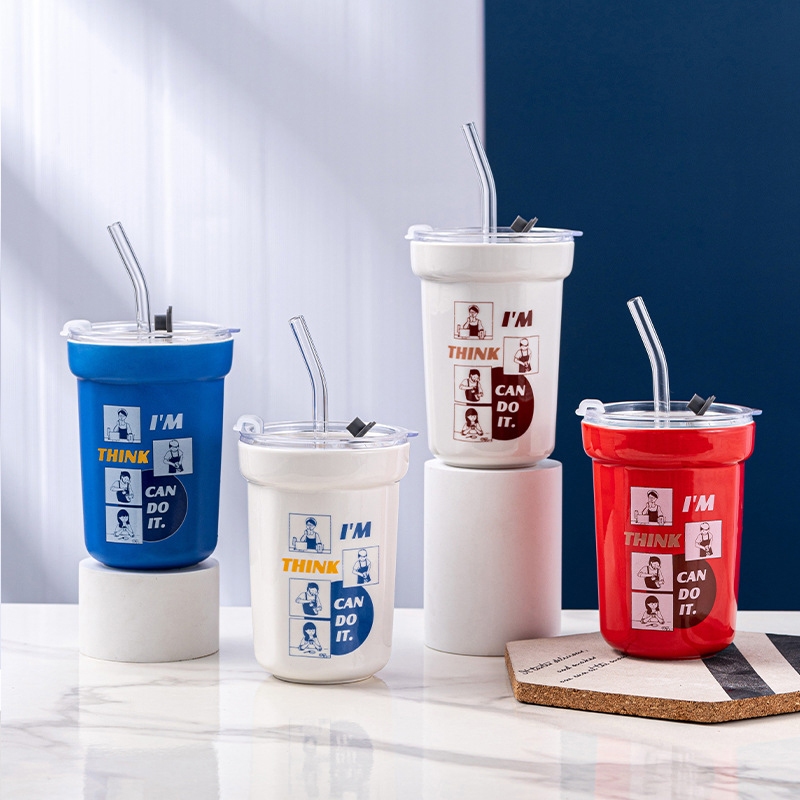 แก้วเก็บความเย็น กระติกน้ำร้อน แก้วกาแฟ เซรามิกส์ พร้อมหลอดดูด กระติกเก็บความเย็น ความจุขนาดใหญ่ 350