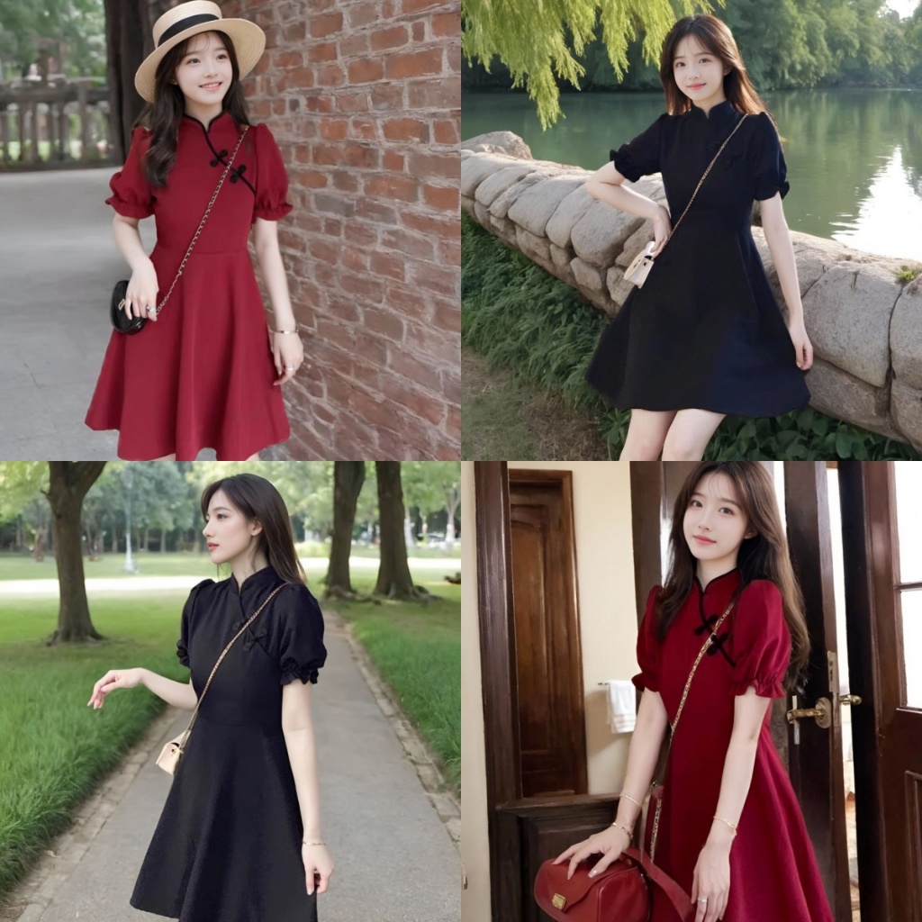 สวยทุกมุม! ชุดเดรสกี่เพ้าสีดำสีแดงสไตล์จีน ผ้าซิล์ก ดีไซน์กระโปรงสวยงาม คอจีนแขนตุ๊กตา