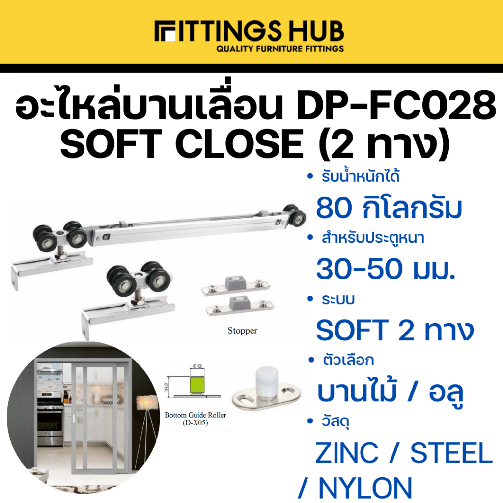 อะไหล่บานเลื่อน Soft Close สองทาง / Soft Close + กดกระเด้ง 80 กิโล-Fittingshub