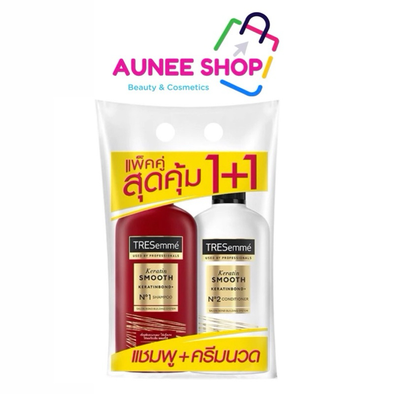 พร้อมส่ง/มีไลฟ์ Aunee shop เทรซาเม่ เคราติน สมูท สีแดง ผมเรียบลื่น ลดผมชี้ฟู แชมพู 370 มล. + ครีมนวด 370มล.