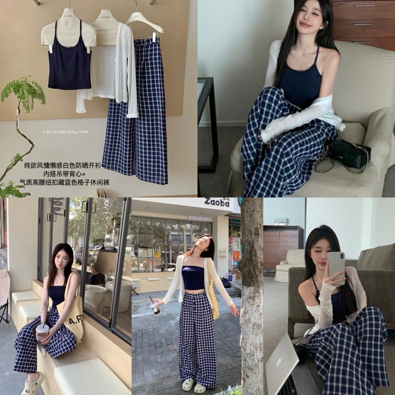 ส่งแมส  .JIA Set 3 pcs. เสื้อสายคล้องคอ + เสื้อคลุมแขนยาว มาพร้อมกางเกงขายาว ผ้าลายสก็อต เนื้อผ้าดี