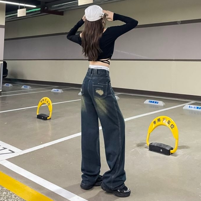 A sheep_shop กางเกงยีนส์ขายาวเอวสูงทรงกระบอก แต่งขาดขอบเอวและกระเป๋าด้านหลัง วินเทจ แนวสวยสุดฮิตวัยรุ่นมากๆ - รูปที่ 3