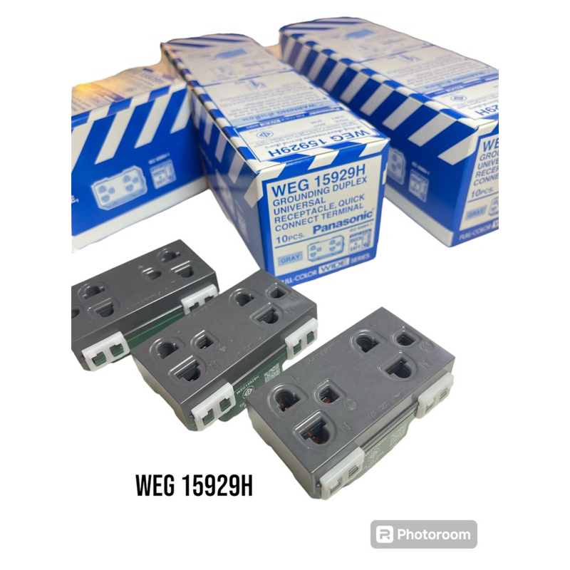 WEG15929H เต้ารับคู่ เสียบขากลมแบน มีกราวด์ (สีเทา)