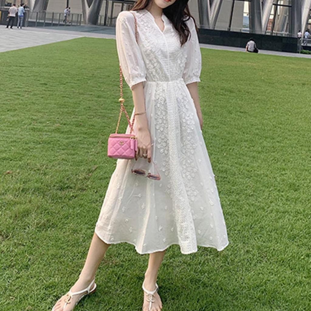 [M-5XL] ชุดเดรสลำลองดีไซน์คอวีแต่งลายลูกไม้สวยๆ ชุดเที่ยว ผ้านุ่ม ใส่สบาย ปิดหน้าท้องทำให้ดูเพรียวขึ้น เหมาะสำหรับสาวอวบ