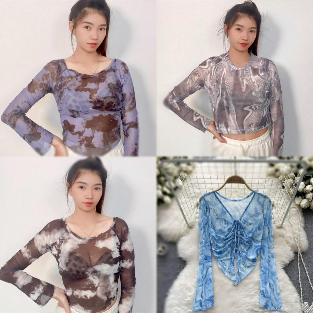 No.H1693 H6168 H018 เสื้อครอปแขนยาว ผ้ายืดตาข่าย เสื้อผ้าแฟชั่น