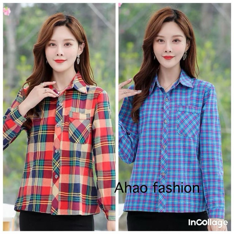 สินค้าพร้อมส่ง เสื้อเชิ้ตผู้หญิงลายสก๊อตผู้หญิงแขนยาวแฟชั่นระบายอากาศสบาย