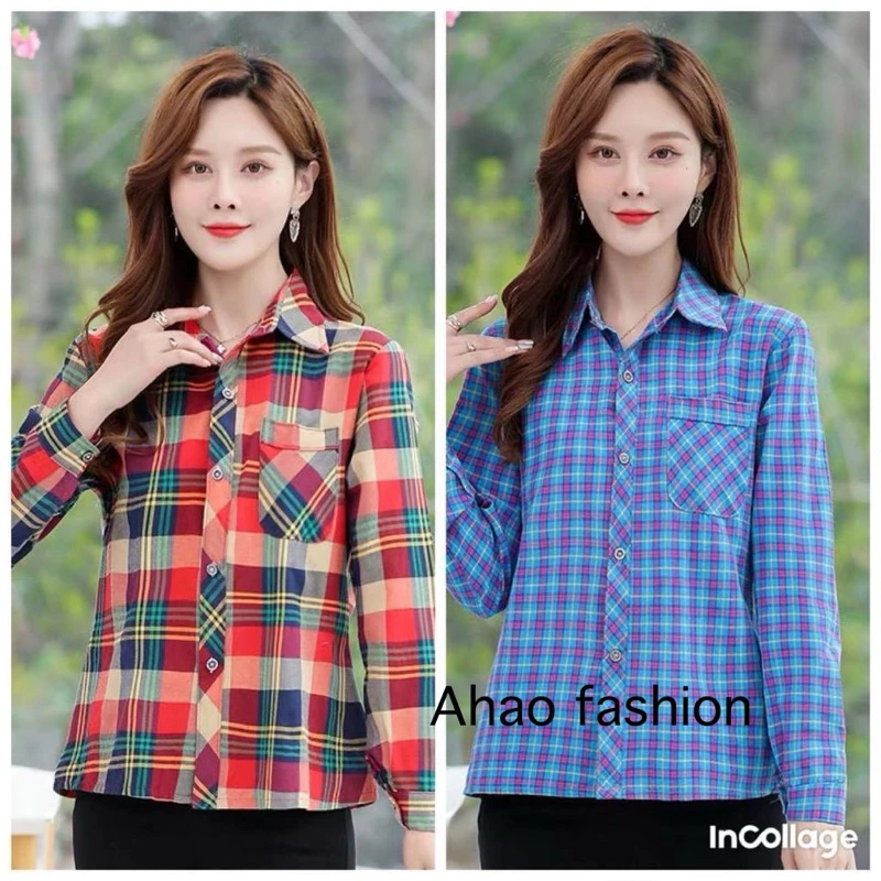 สินค้าพร้อมส่ง เสื้อเชิ้ตผู้หญิงลายสก๊อตผู้หญิงแขนยาวแฟชั่นระบายอากาศสบาย