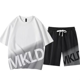 ชุดกีฬาผู้ชายกางเกงขาสั้นเสื้อยืดแขนสั้นสีไล่ระดับสีฤดูร้อนค…