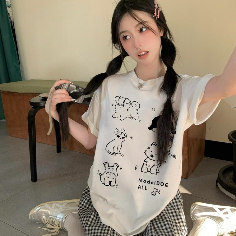 Basi เสื้อยืด oversize unisex ลาย "MODELDOG" น้องหมาน่ารัก ผ้าคอตตอน100% ผ้านุ่ม ใส่สบาย สไตล์เกาหลี มินิมอล