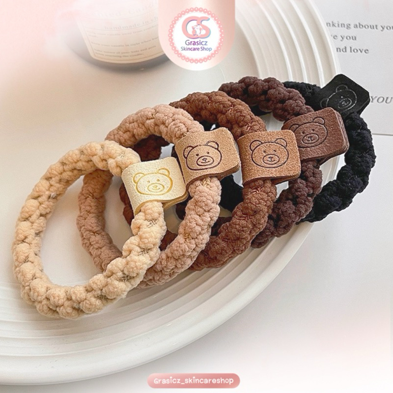 เซตยางผูกผมแฟชั่น โทนสีน้ำตาล ดำ ครีม มีแถบป้ายน่ารัก Handmade