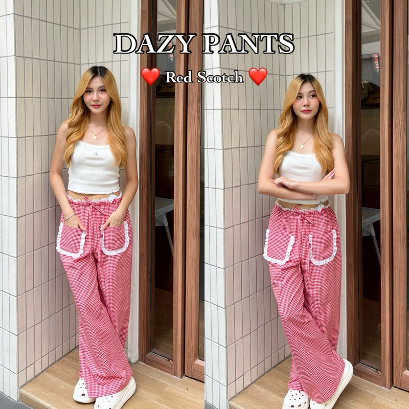 DAZY PANTS (RED SCOTCH) กางเกงขายาวผู้หญิง ลายสก๊อต มีดีเทลลูกไม้รอบเอว & กระเป๋าแปะวิ่งลูกไม้ เอวยางยืด+เชือกรูด