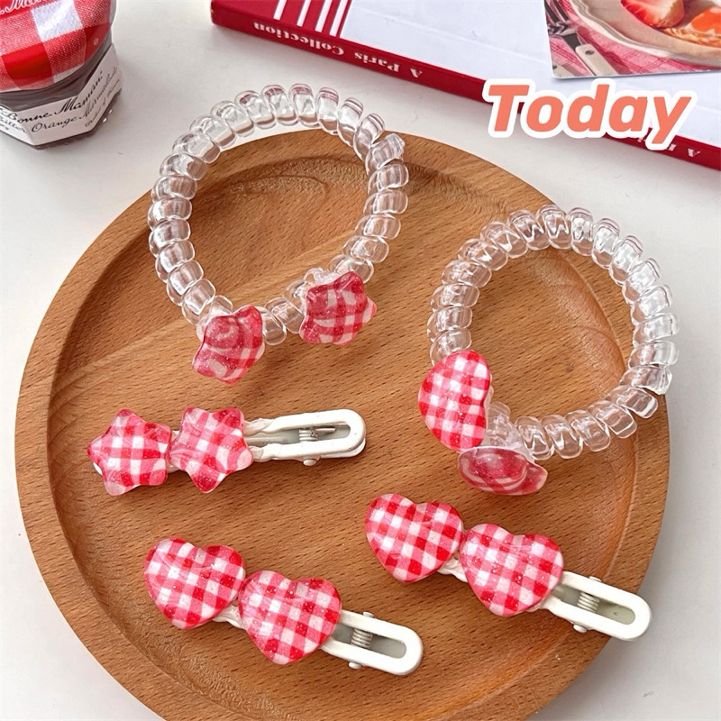 Cute 298 กิ๊บติดผม กิ๊บหนีบผม ยางรัดผมหัวใจ ดาว ลายขาวแดง