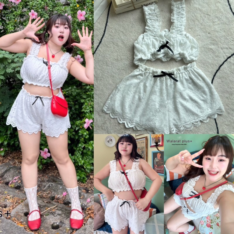 April Set ชุดเซท2ชิ้นลูกไม้ทั้งติดติดโบว์ มีซับในตัว หวานๆปนเซกซี่สาวอวบไซส์ใหญ่ (ฟรีไซส์สาวอวบ)