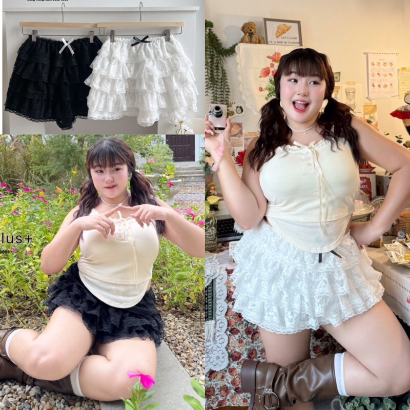Jayda Skirt (รุ่นลูกไม้) กระโปรงกางเกงชั้นๆสุดฮิตลูกไม้ทั้งตัวหวานๆกรุบติดโบว์มีซับใน สาวอวบไซส์ใหญ่ (มีไซส์เอว30-42)