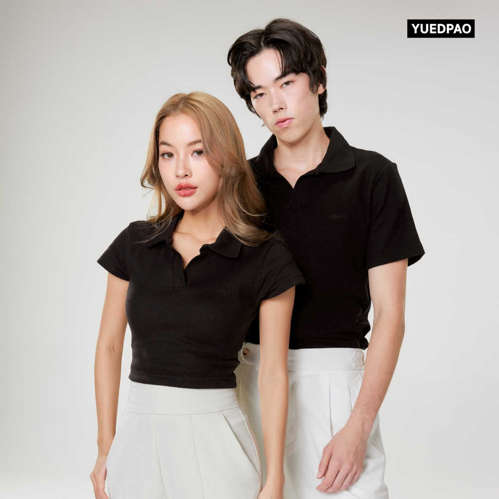 Yuedpao Polo Crop Waffle ผ้าหนาทรงสวย ยับยากรีดง่าย เสื้อยืดเปล่า เสื้อครอปโปโล สี Black