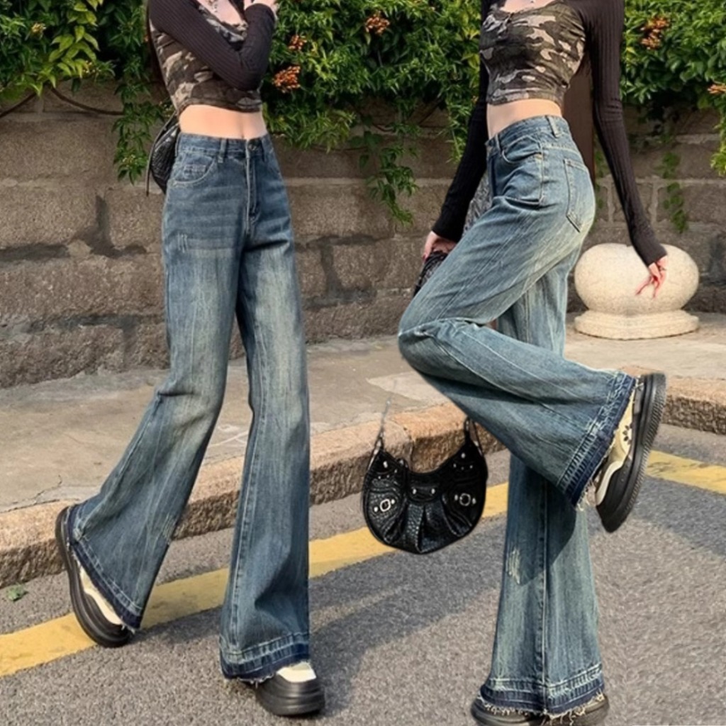 NEW ยีนส์เอวสูง กางเกงยีนส์หญิง สาวร้อนแรง Jeans ขากว้าง ผ้ายืด ย้อนยุค คุณภาพดี ใส่แล้วเท่ดูมีเสน่ห์