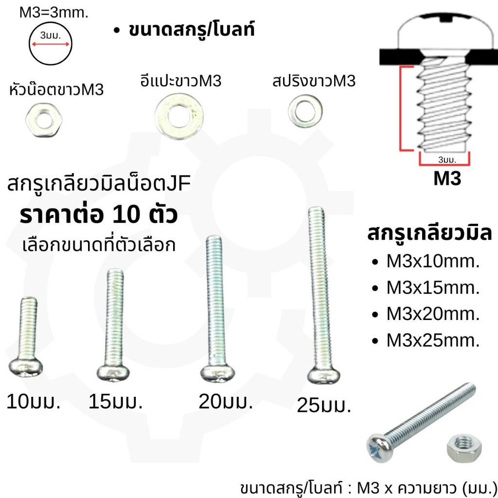 น๊อต M3x10,15,20,25มม. สกรู หัวกลม น๊อตขาว ตัวเมีย แหวนรอง M3 อีแปะ สปริง ยึดบอร์ด สกรูเกลียวมิล ชุบขาว JP+ DIY ABP