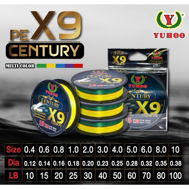 สายPEx9 สีมัลติคัลเลอร์ Yuhoo CENTURYZ (100เมตร)เหนียว แข็งแรง ไม่เป้นขุย ทนทาน สินค้าพร้อมส่ง