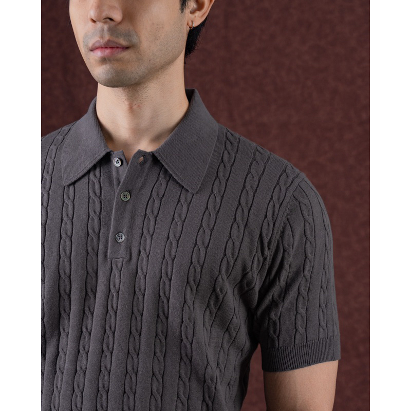 MadetoMature Cable Knitted Polo - Smoke Grey เสื้อโปโลทอลาย