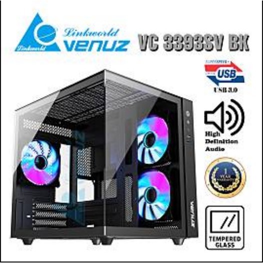VENUZ micro ATX Tempered Glass Gaming Case SEA VIEW VC 3393SV with 12cm ARGB Fan x 3 – Black Features
