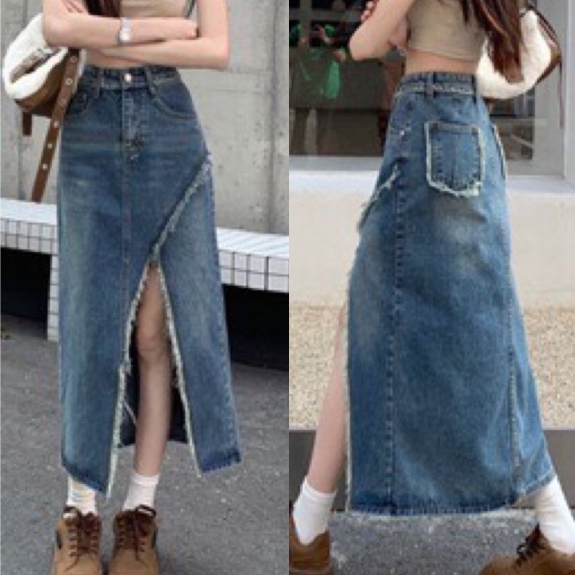 กระโปรงแหวกข้างสูงปลายรุ่ย กระโปรงยีนส์ยาวแหวกสูงสไตล์เก๋ 1660