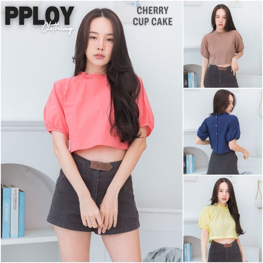 Pploy Clothing : Cherry Cup Cake เสื้อครอป กระดุมหลัง แขนตุ๊กตา ผ้าใส่สบาย ไม่ร้อน