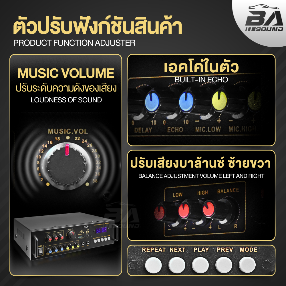 BA SOUND เพาเวอร์แอมป์ ขับลำโพง 15 นิ้ว ได้ถึง 2 ดอก เครื่องขยายเสียง DA-3000 รองรับ บูลทูธ / FM / USB / TF เสียบไมค์