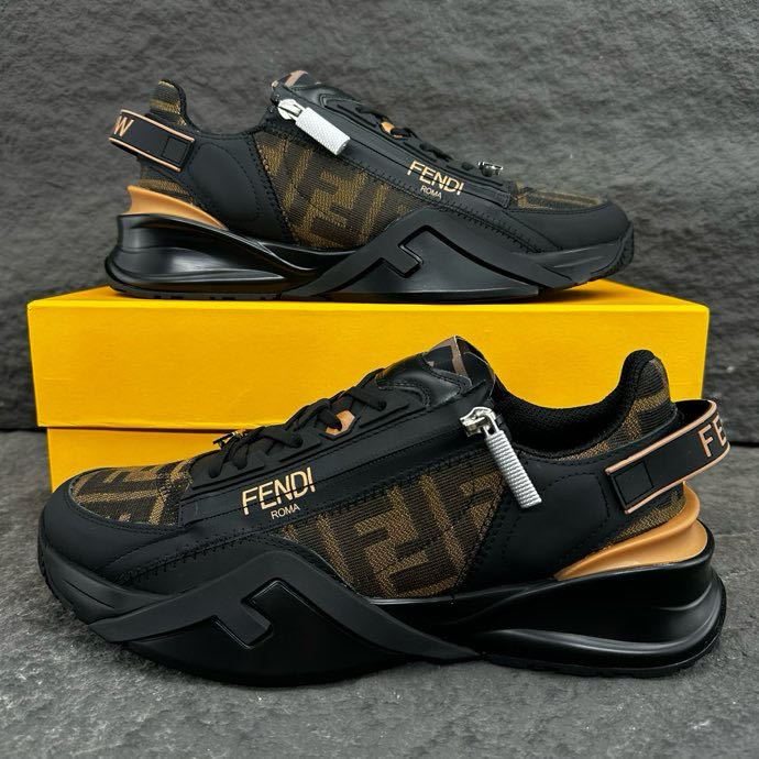 100% ของแท้ Fendi Flow Series รองเท้าผ้าใบผู้ชายรองเท้าหนังสีดำต่ำ