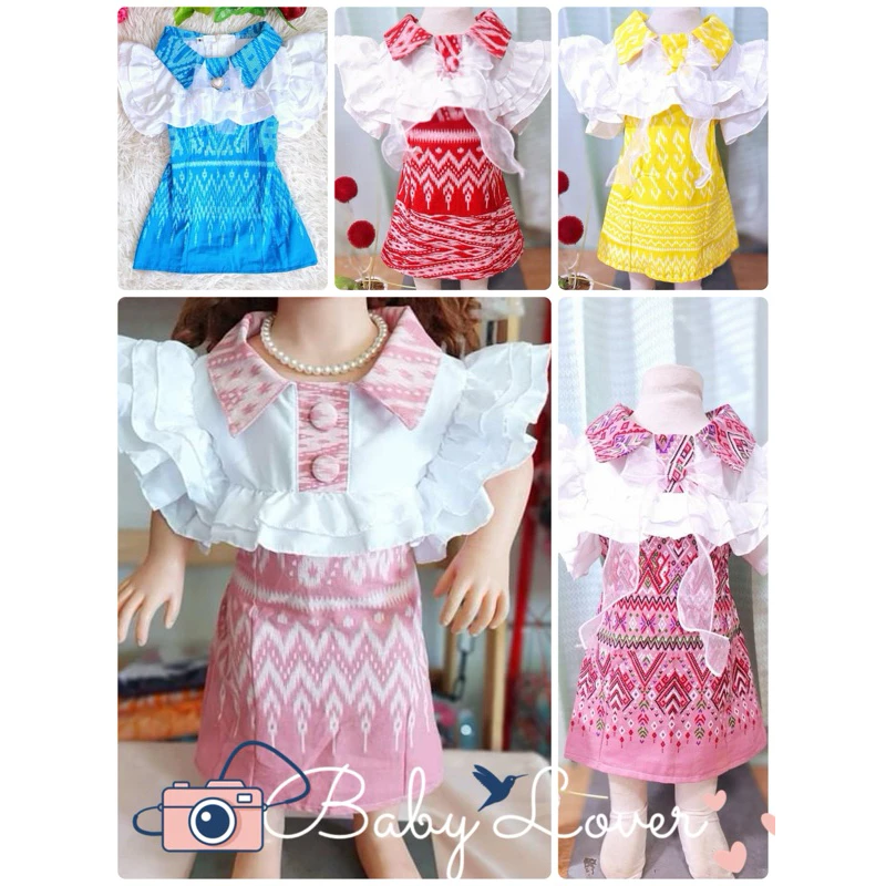 มีส่งด่วน👗มินิเดรสลายไทย แขนระบาย (รหัส T046) ชุดเดรสเด็ก ชุดไทยเด็ก Size : S - XL ดูสัดส่วนเป็นหลัก 👒
